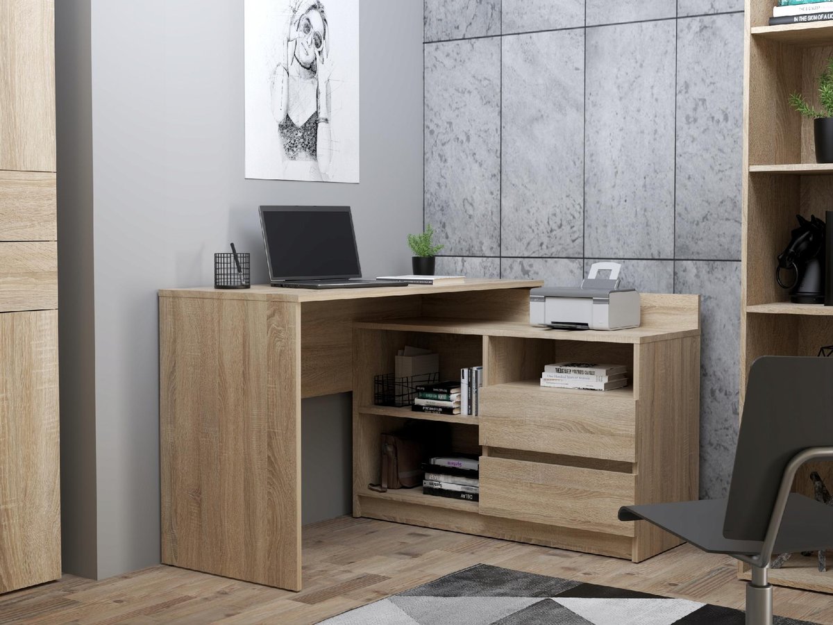 Biurko narożne białe komputerowe Delta szuflady dąb sonoma