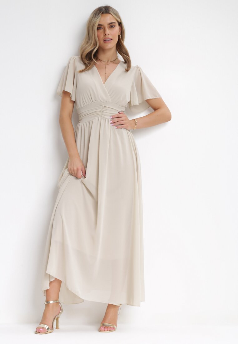 Beżowa Kopertowa Sukienka Maxi z Gumką w Pasie Narlin