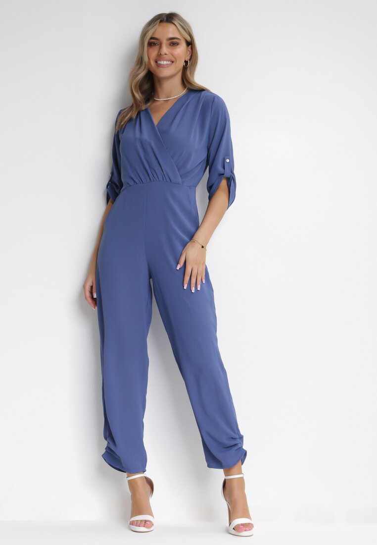 Granatowy Długi Kombinezon z Kopertowym Dekoltem Lauretia