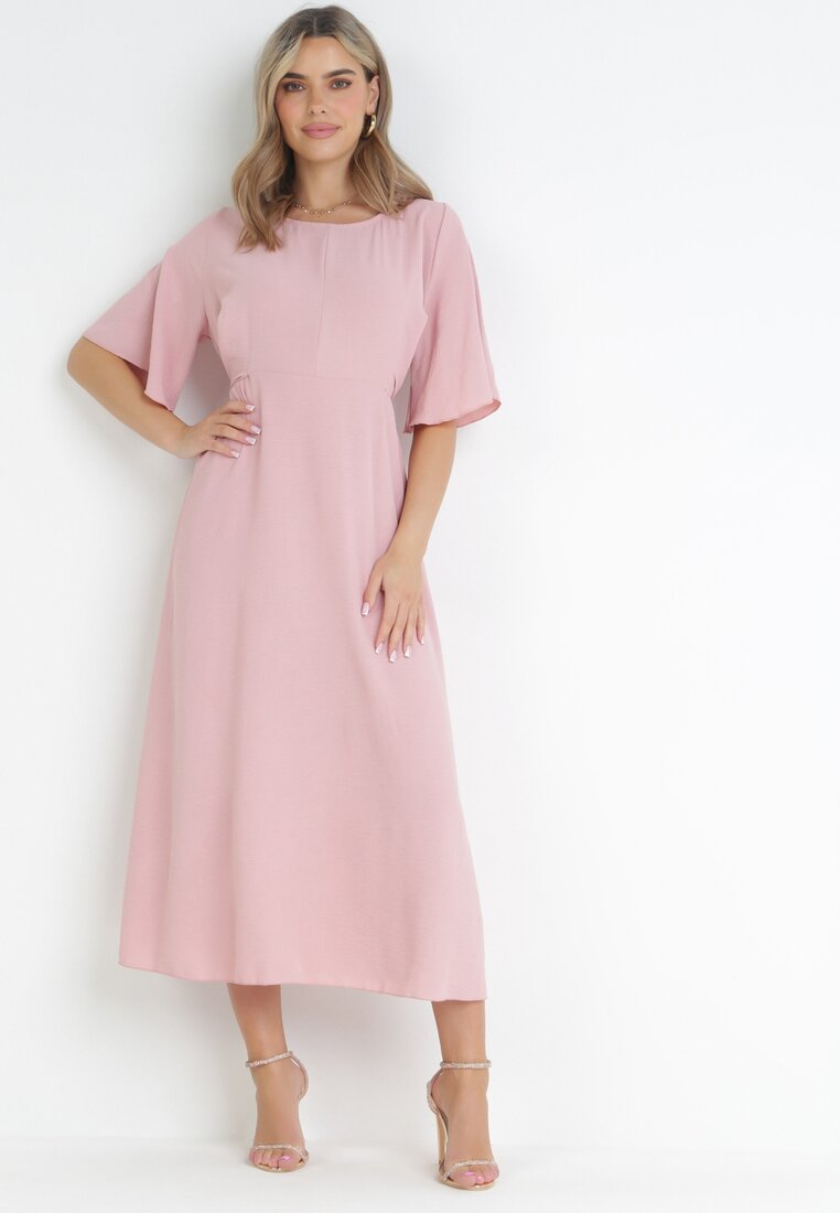 Jasnoróżowa Sukienka Maxi z Ozdobnym Wiązaniem i Gumką w Talii Myrcella