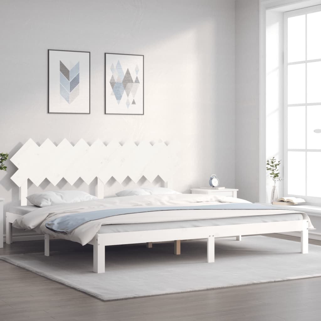 Rama łóżka z wezgłowiem, biała, 200x200 cm, lite drewno Lumarko!