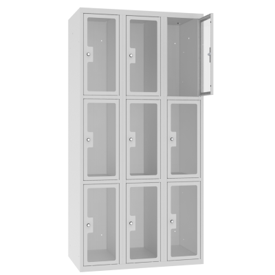 Szafka metalowa stojąca MSUS 333 ze schowkami z pleksi - 9 osobnych zamków kluczowych