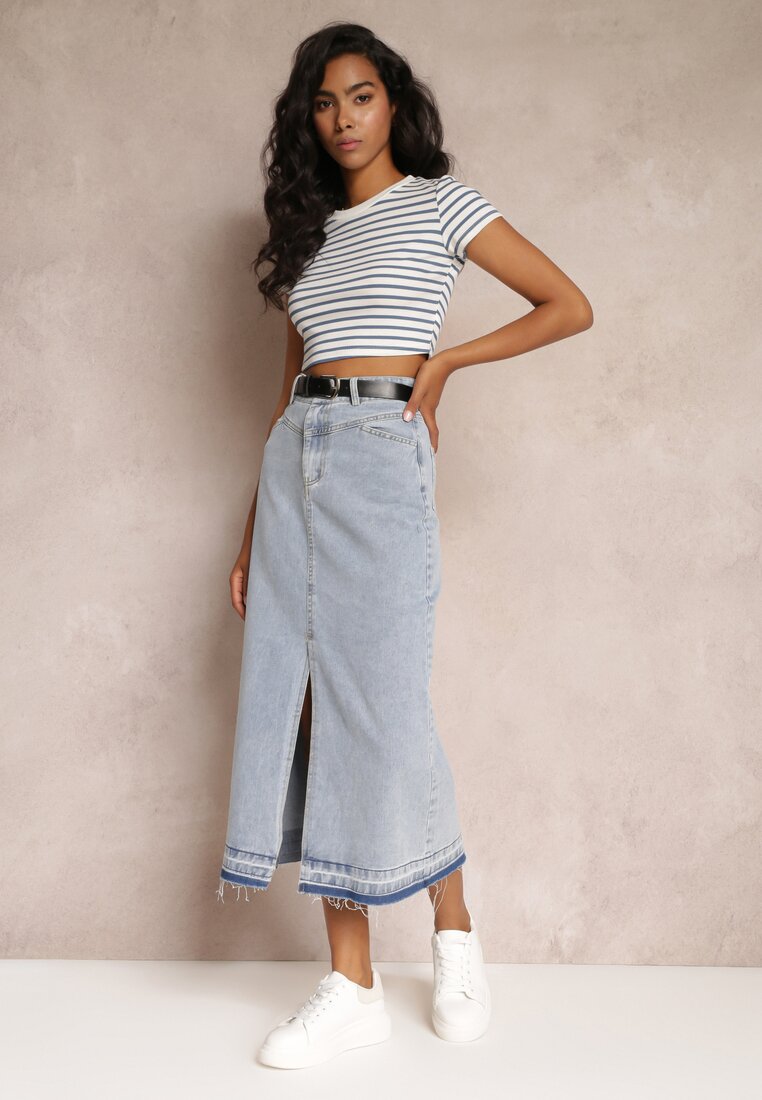 Jasnoniebieska Ołówkowa Spódnica Jeansowa z Paskiem w Komplecie Olvane