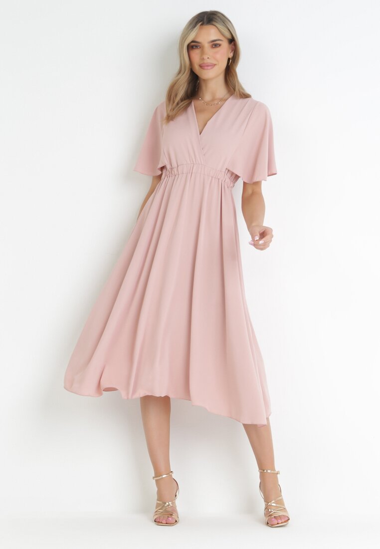 Ciemnoróżowa Rozkloszowana Sukienka Midi z Kopertowym Dekoltem i Gumką w Talii Muntani