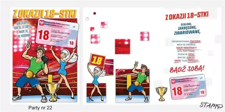 Karnet Party naklejany B6+koperta Urodziny 18 wz22 - Stamp