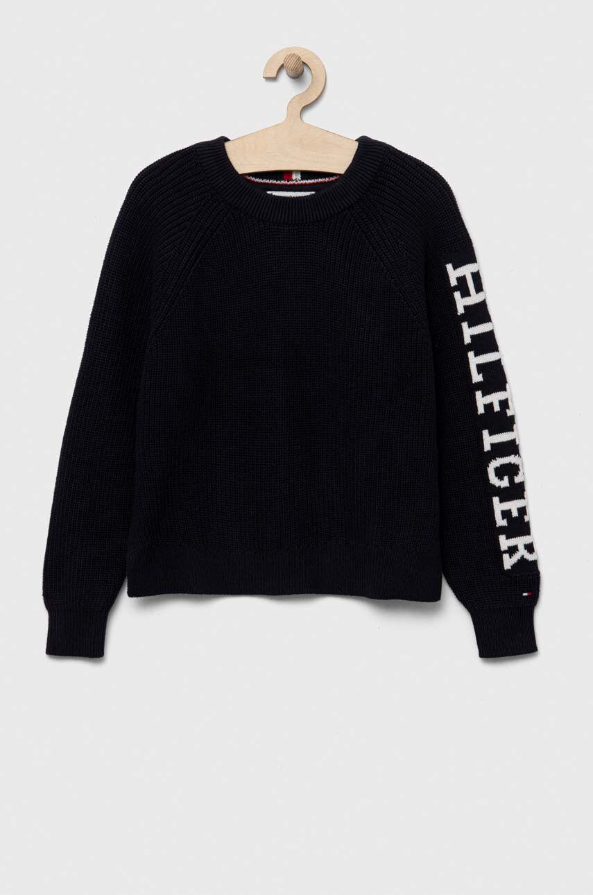 Tommy Hilfiger sweter bawełniany dziecięcy kolor granatowy ciepły