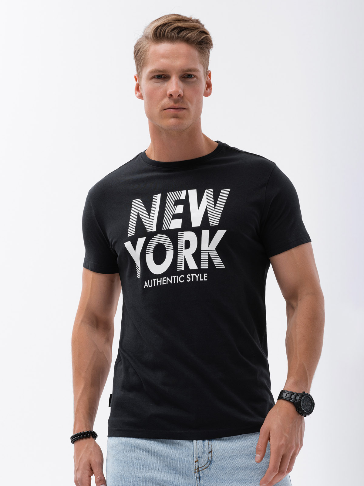 T-shirt męski bawełniany z nadrukiem - czarny V3 OM-TSPT-0124