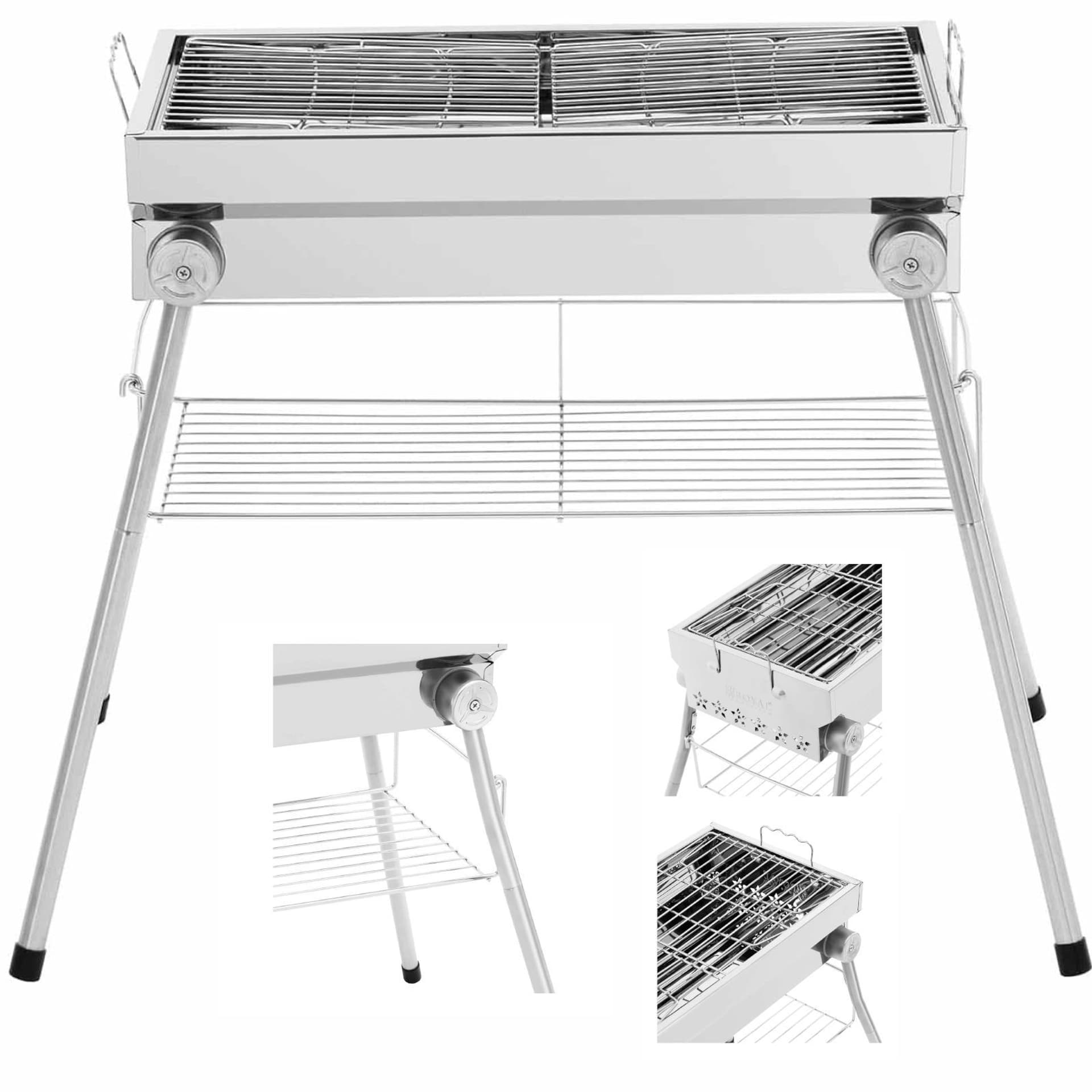 Grill węglowy - z półką i składanym rusztem - 53 x 26 cm - stal nierdzewna / stal ocynkowana - Royal Catering RCEK-1030