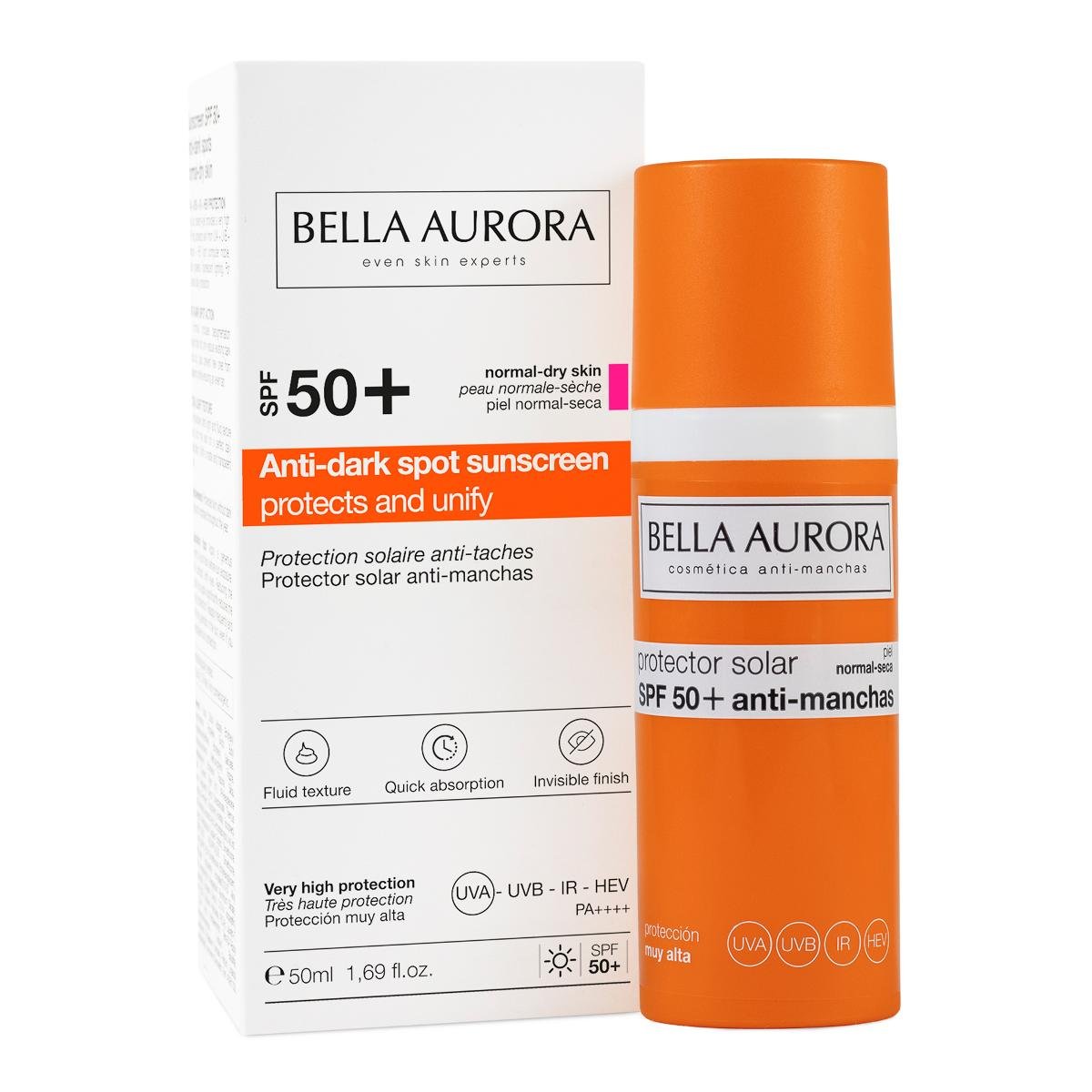 Bella Aurora, Przeciwsłoneczny krem ochronny SPF 50+ przeciw przebarwieniom do skóry normalnej i suchej, 50 ml