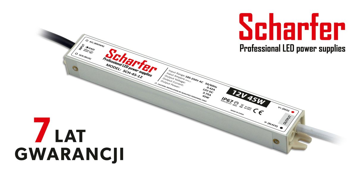 Zasilacz LED hermetyczny 45W 12V DC 3,75A 190x29x21mm SCHARFER 7lat gwarancji