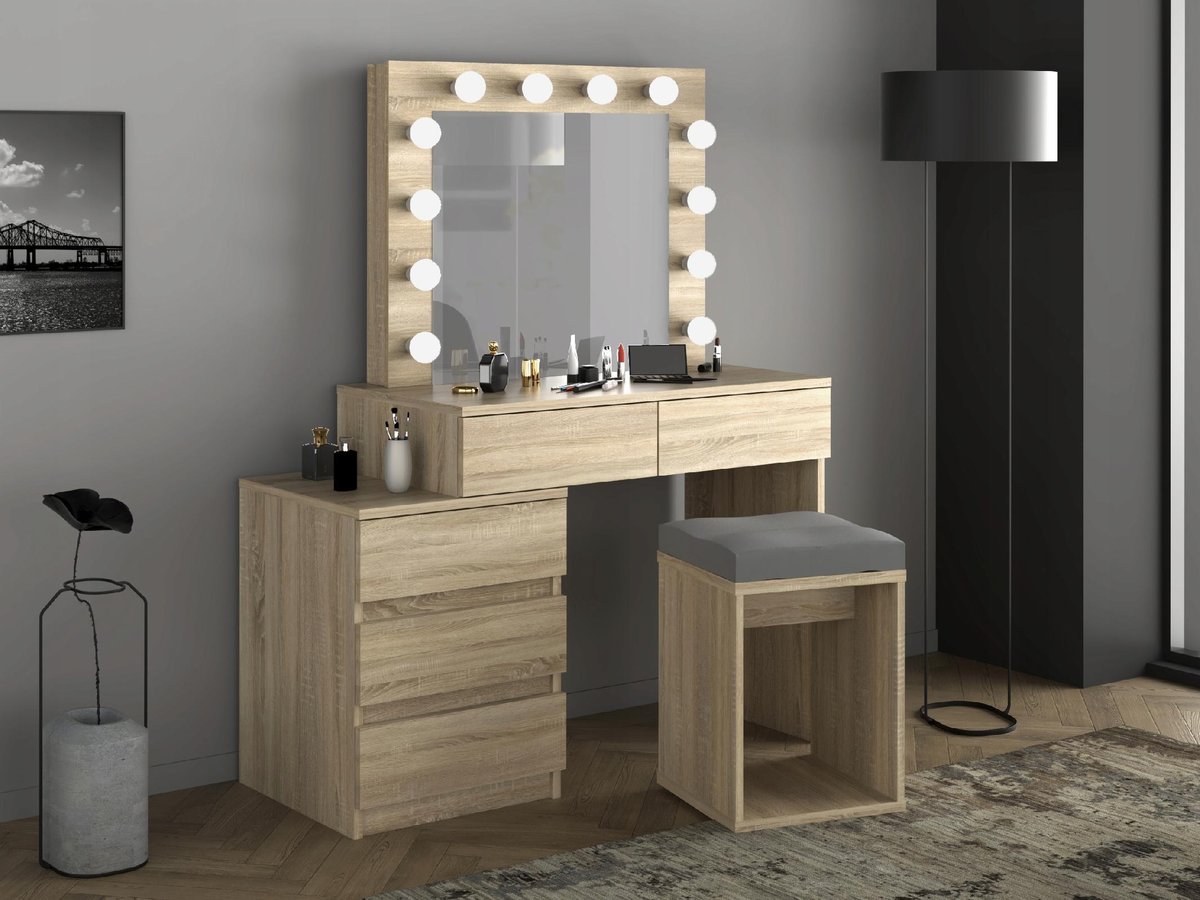 Toaletka kosmetyczna z lustrem i żarówkami Adele 12 Led dąb sonoma