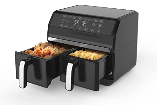 Just Perfecto Podwójna frytkownica bez oleju XXL 8L 1700 W | Szara Stal nierdzewna z funkcją timera i cyfrowym ekranem dotykowym Można myć w zmywarce Książka z przepisami w zestawie Airfryer, (JL-09)