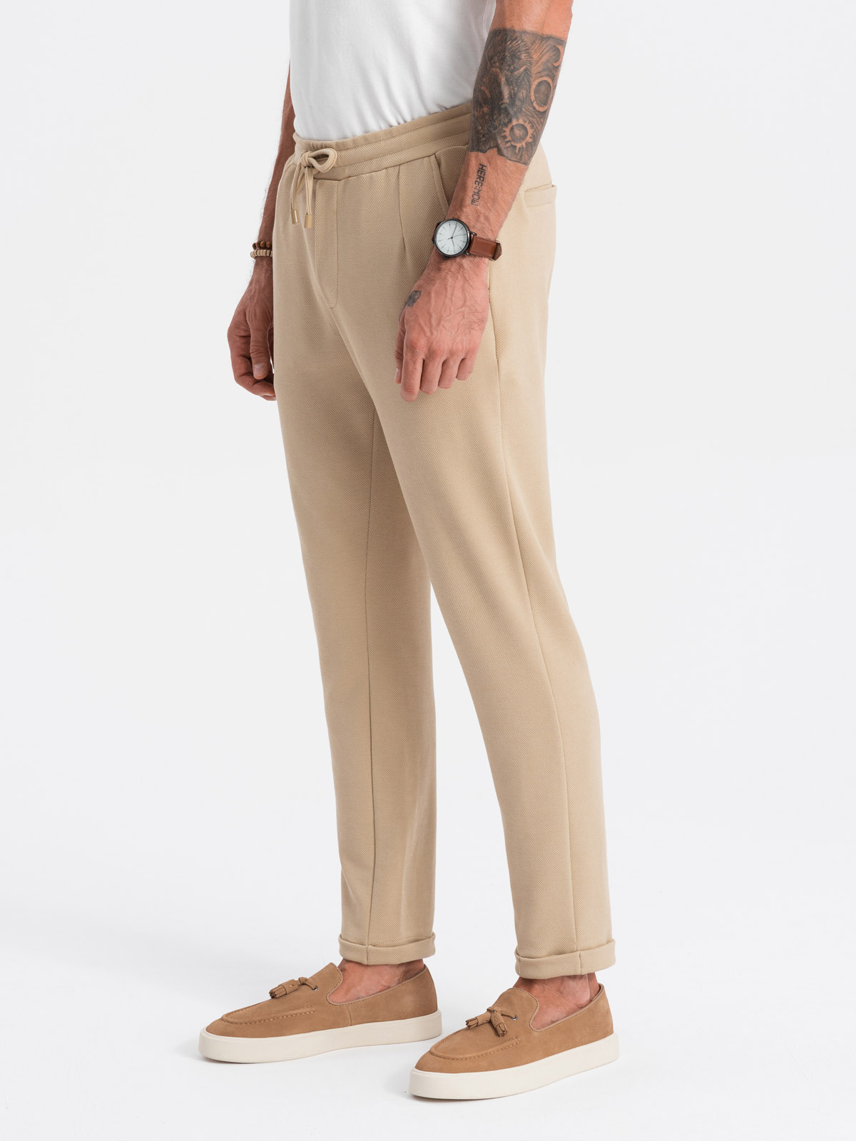 Spodnie męskie dzianinowe z gumką w pasie - piaskowe V3 OM-PACP-0121