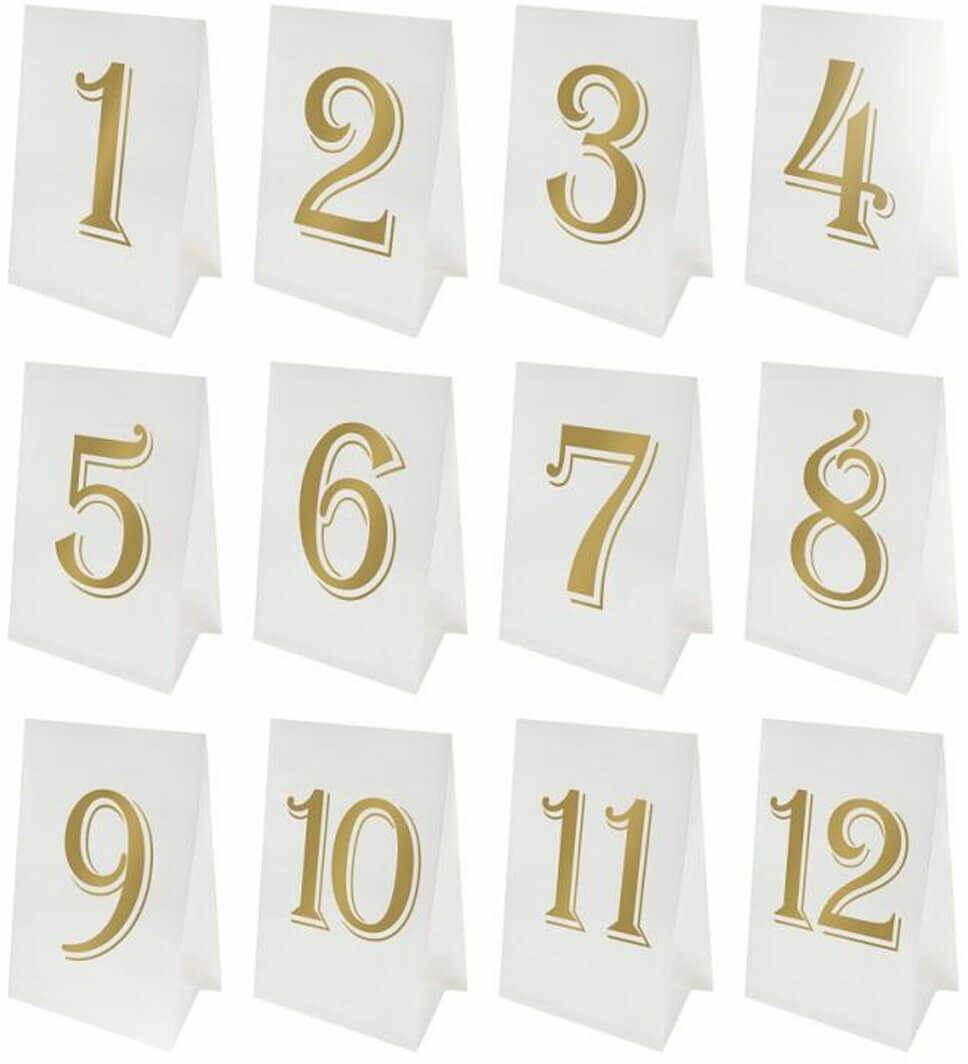 Numery na stół biało-złote - 12 szt.
