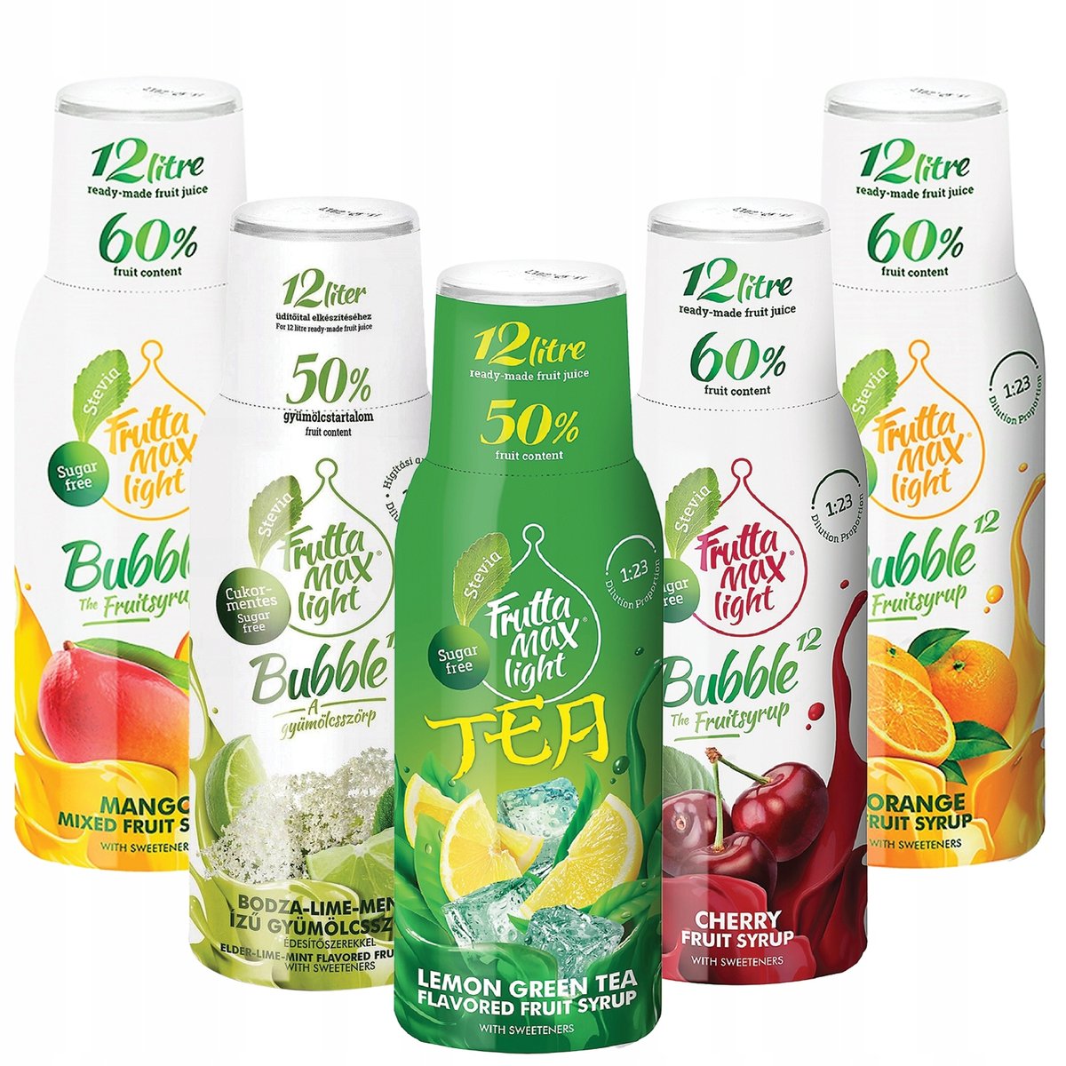 5x Syrop Fruttamax Mango Limonka-Mięta Green Tea Wiśnia Pomarańcza