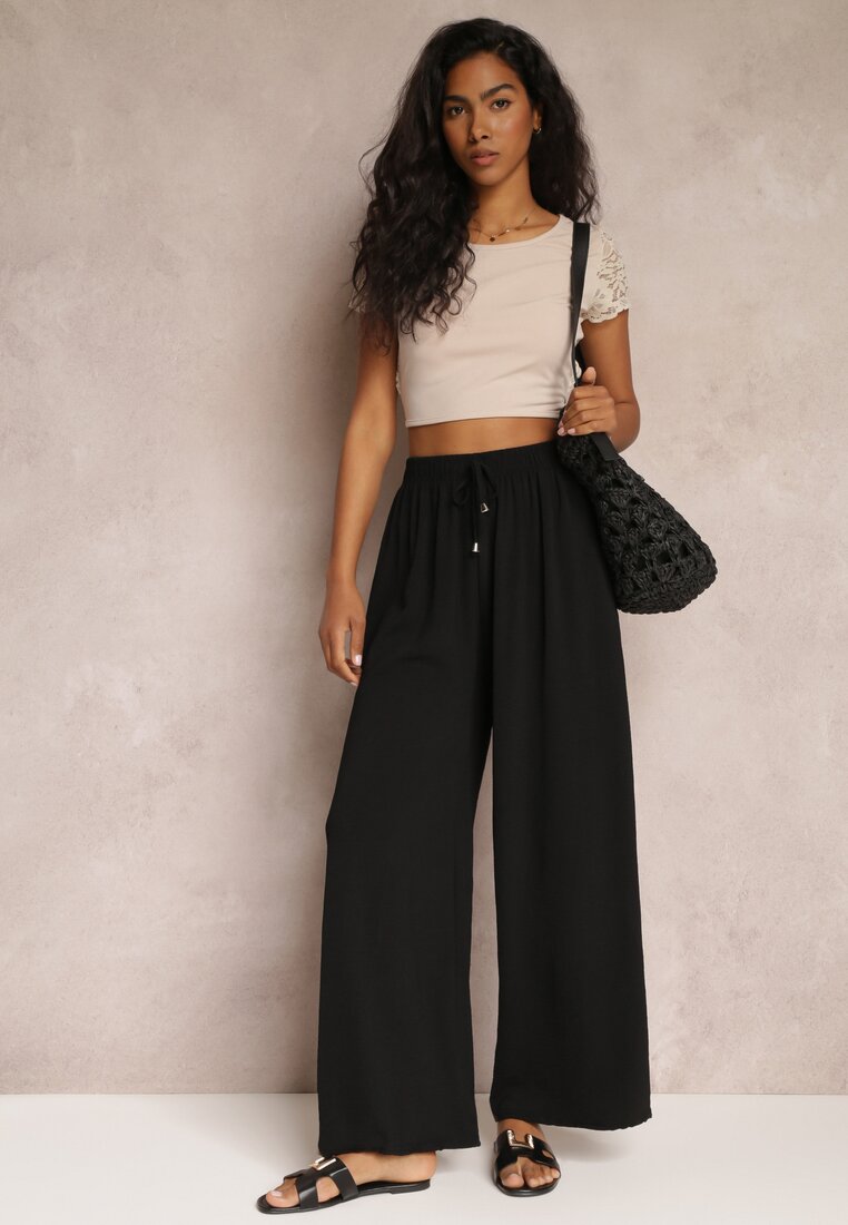 Czarne Spodnie z Gumką w Pasie i Szerokimi Nogawkami Seira