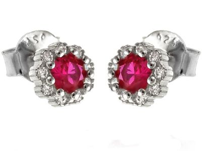 Srebrne kolczyki 925 drobne kwiatki z różową cyrkonią