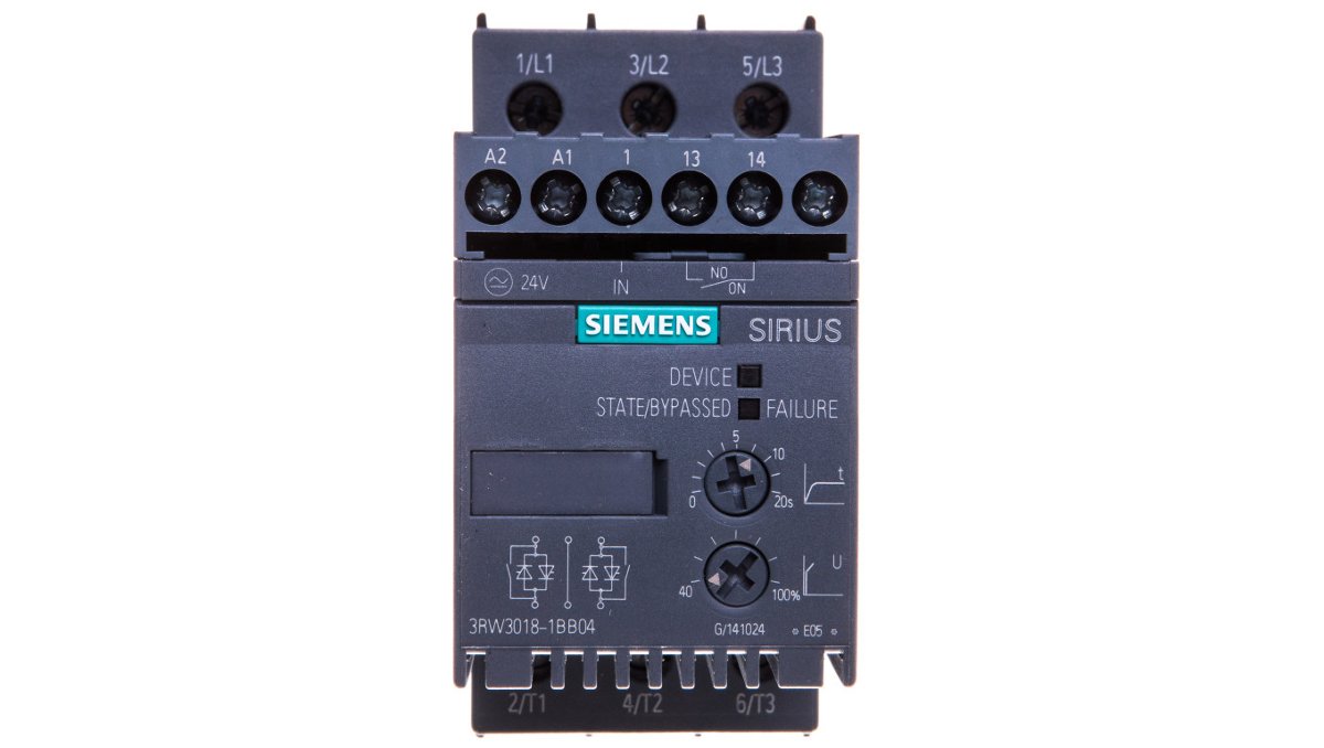 Siemens Softstart 3-fazowy 200-480VAC 17,6A 7,5kW/400V Uc=24V AC/DC S00 3RW3018-1BB04 3RW3018-1BB04