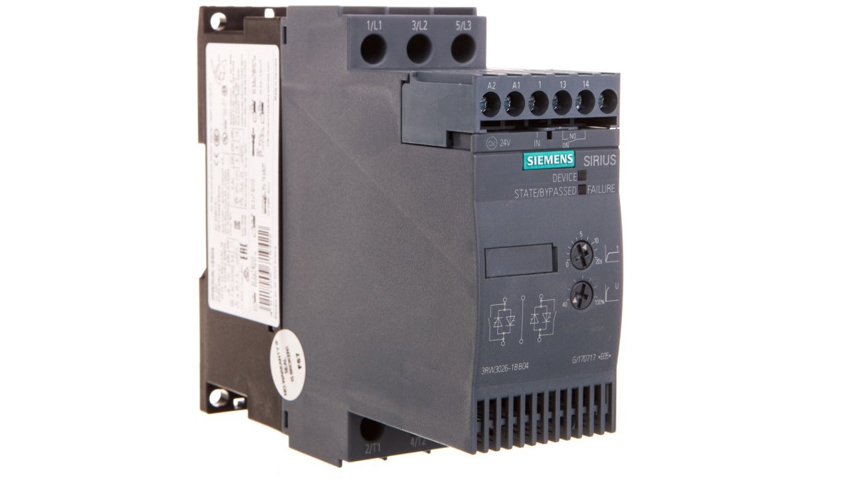 Siemens Softstart 3-fazowy 200-480VAC 25A 11kW/400V Uc=24V AC/DC S0 3RW3026-1BB04 1BB04
