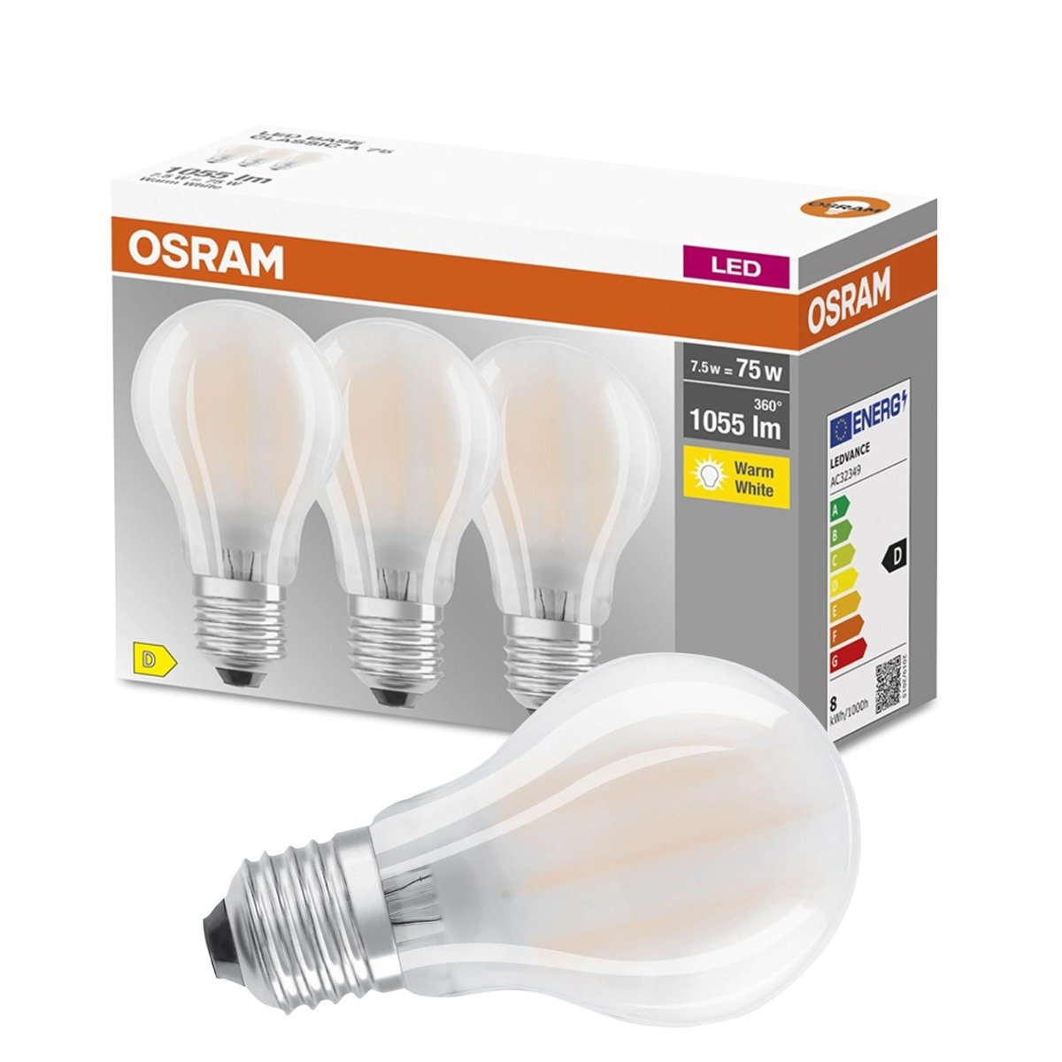 Osram żarówka LED E27 Base CL A 7,5W matowa 3 szt.
