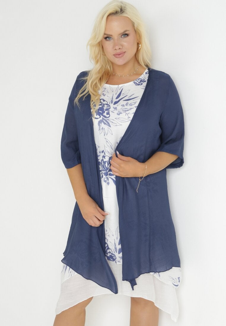 Granatowo-Biała Trapezowa Sukienka Midi z Bawełny w Kwiaty i Narzutka Elephira