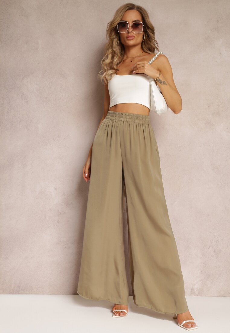 Ciemnozielone Szerokie Spodnie z Wiskozy i Gumką w Talii Carleny