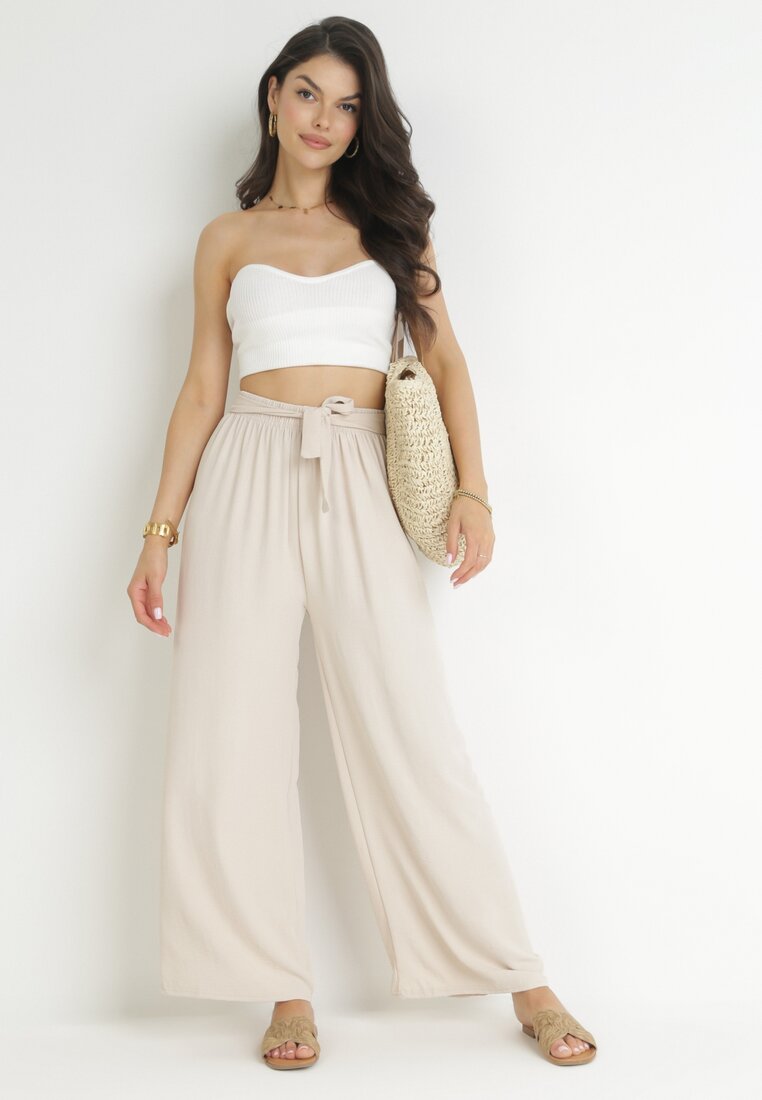 Jasnobeżowe Szerokie Spodnie z Materiałowym Paskiem i Gumką w Talii Dellisa