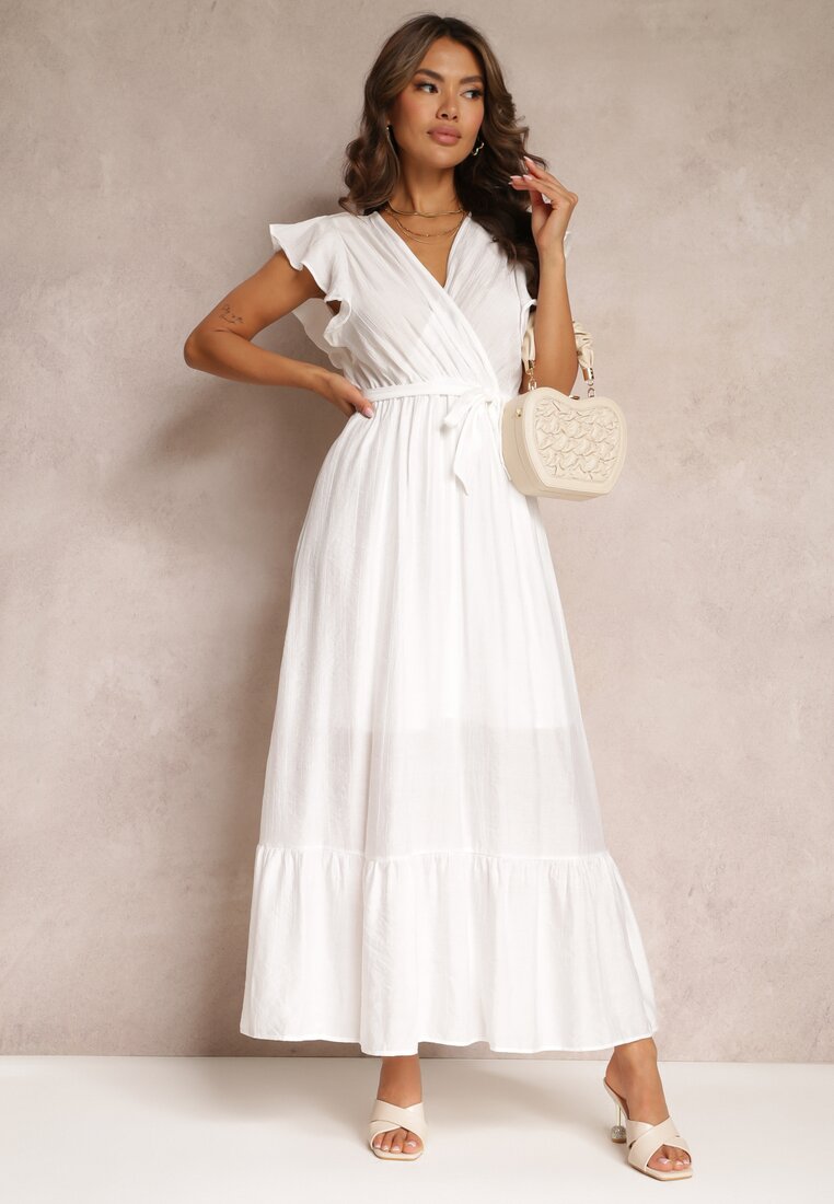 Biała Rozkloszowana Sukienka Maxi z Gumką w Talii Lavla
