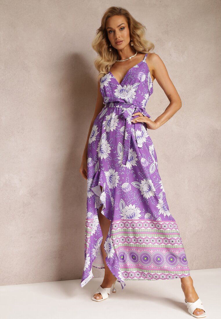 Fioletowa Sukienka Maxi na Cienkich Ramiączkach i Rozkloszowanym Dołem z Falbanką Charlei