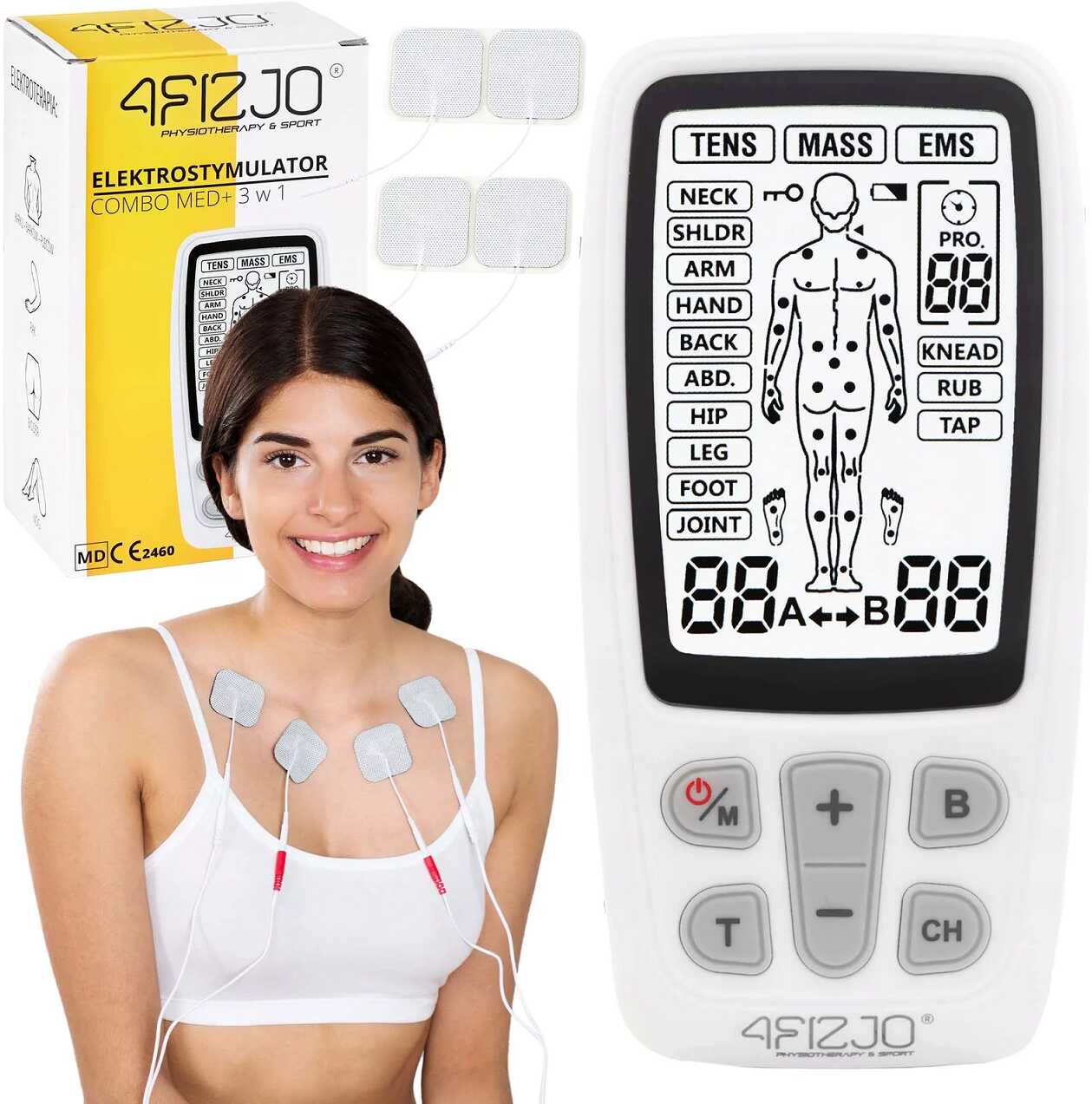 Elektrostymulator mięśni TENS i EMS z funkcją masażu - niwelowanie bólu i napięcia mięśni, działanie relaksacyjne - lekki i poręczny, łatwy w obsłudze