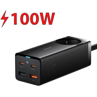 Ładowarka sieciowa / listwa zasilająca Baseus GaN3 Pro 2x USB + 2xUSB-C + AC, 100W (czarna)