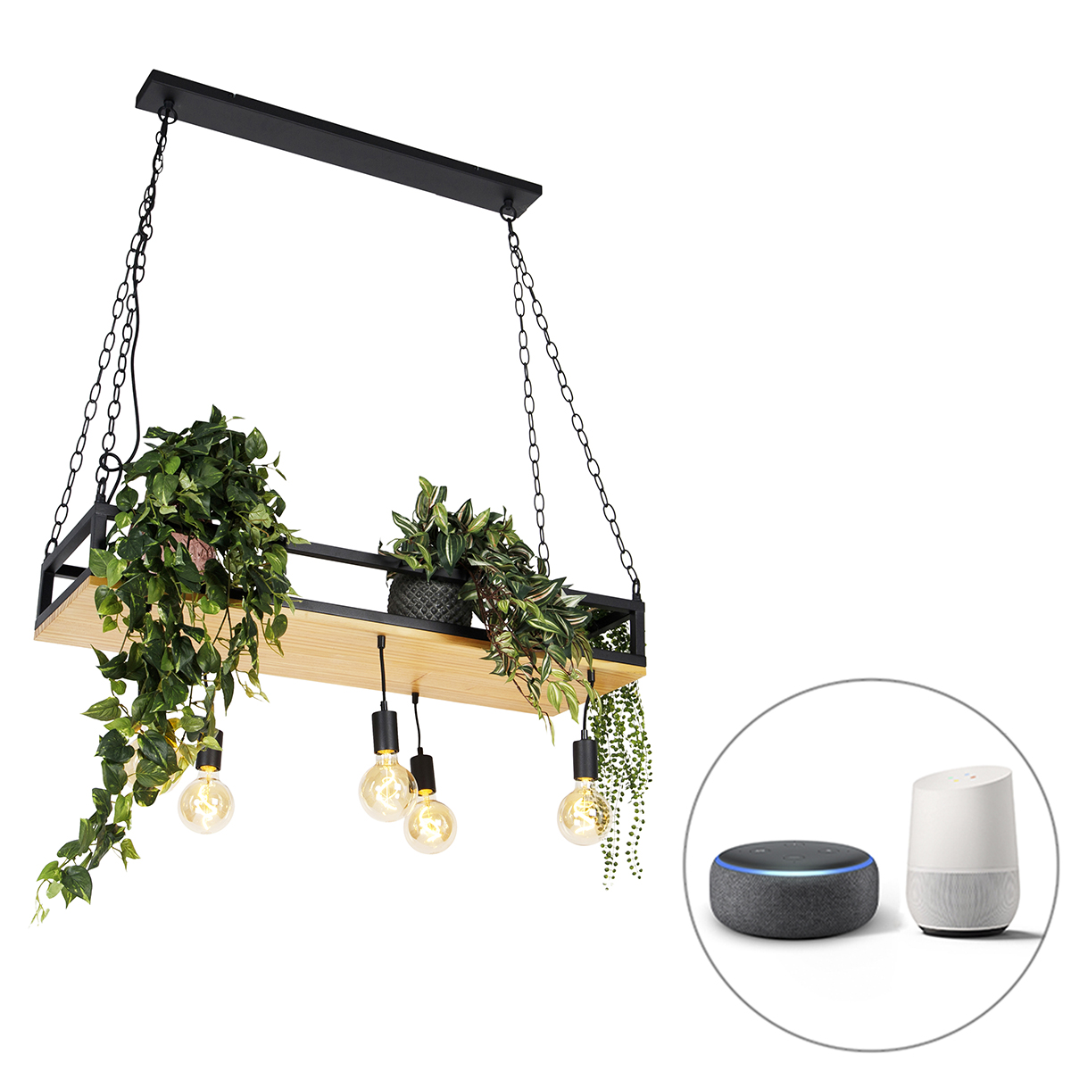 QAZQA Inteligentna lampa wisząca czarna z drewnem  w tym 5 Wifi G95 - Półka