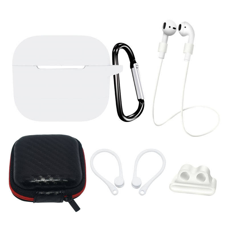 Zestaw silikonowe etui AirPods 3 + futerał / zaczep na ucho / pasek na szyję / uchwyt na pasek zegarka / karabińczyk | białe