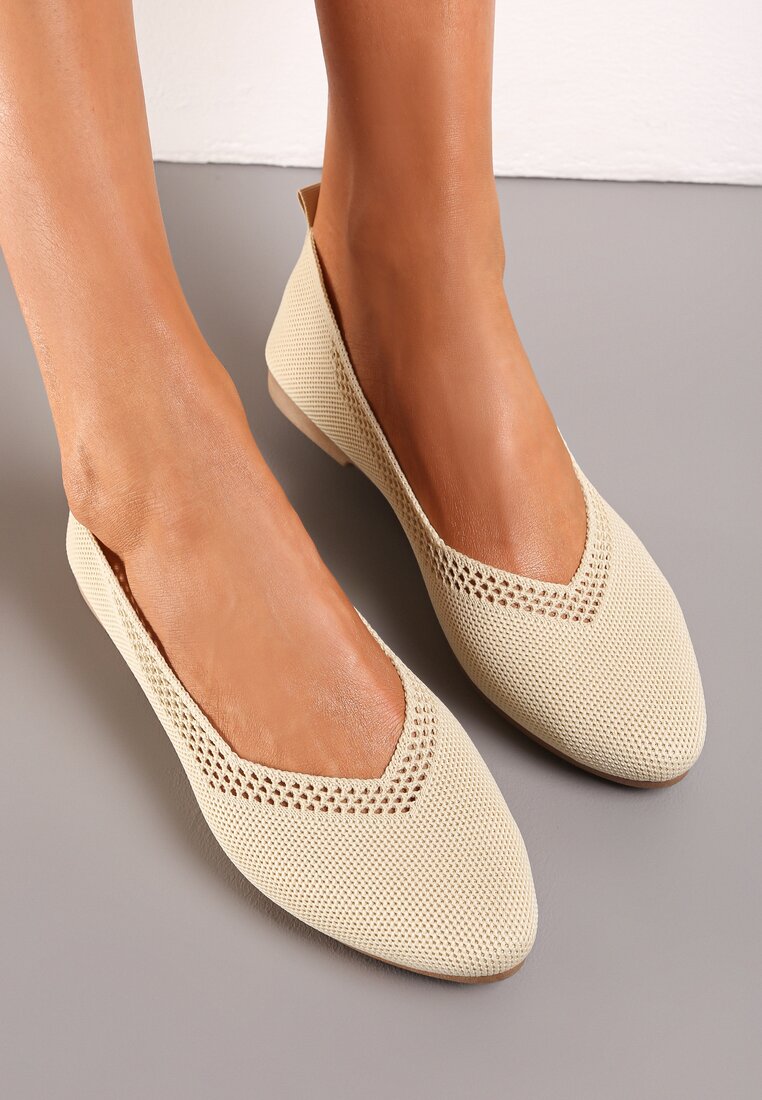 Beżowe Płaskie Balerinki Plecione z Ozdobnymi Wycięciami Daniya