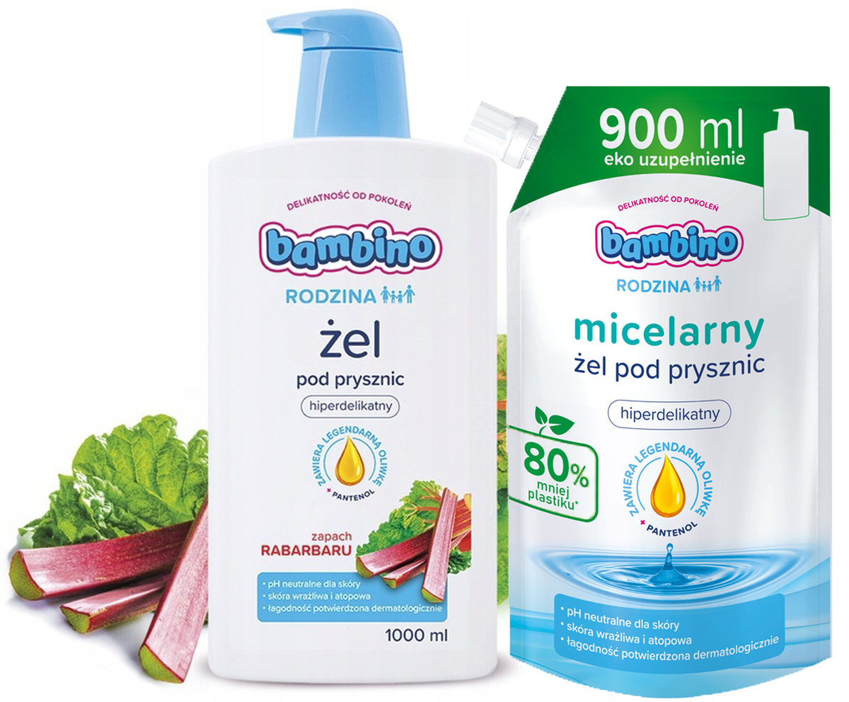 Bambino Rabarbar, Żel Pod Prysznic, 1000ml + Uzupełnienie, 900ml