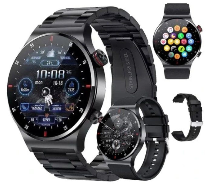 Smartwatch męski zegarek elegancki czarny 2 paski