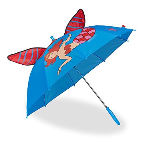 Relaxdays Parasol dziecięcy, motyw syrenki 3D, parasol dziecięcy dla dziewczynki, Ø 78 cm, mały parasol z laską, niebieski/czerwony, niebieski/czerwony, 69 x 78 cm