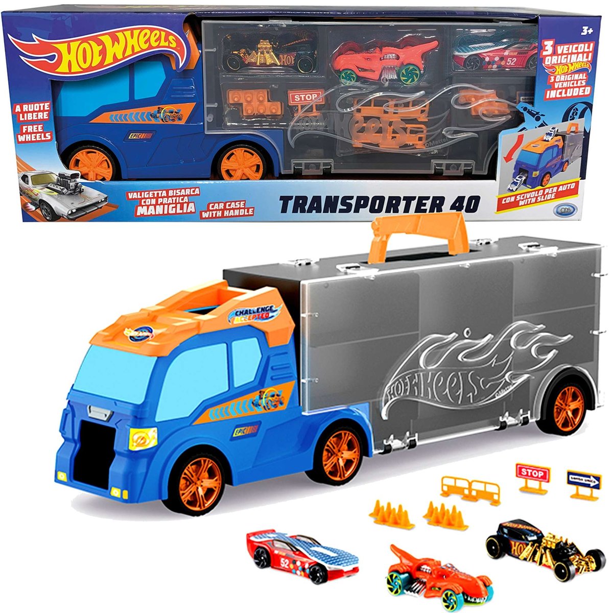 Hot Wheels Ciężarówka Transporter + 3 autka i akcesoria drogowe