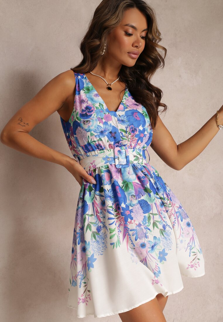 Niebieska Sukienka Mini w Kwiaty z Gumką w Talii i Paskiem z Okrągłą Klamrą Helerava
