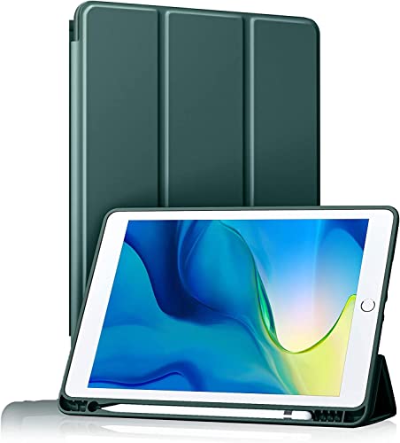 BXGH Etui na iPada 9:e/8:e/7. generacji 10,2-calowy iPad z uchwytem na długopis, etui na lata 2021/2020/2019 z miękkim silikonowym podłożem, ochrona z automatycznym budzeniem/snem - Ciemnozielony