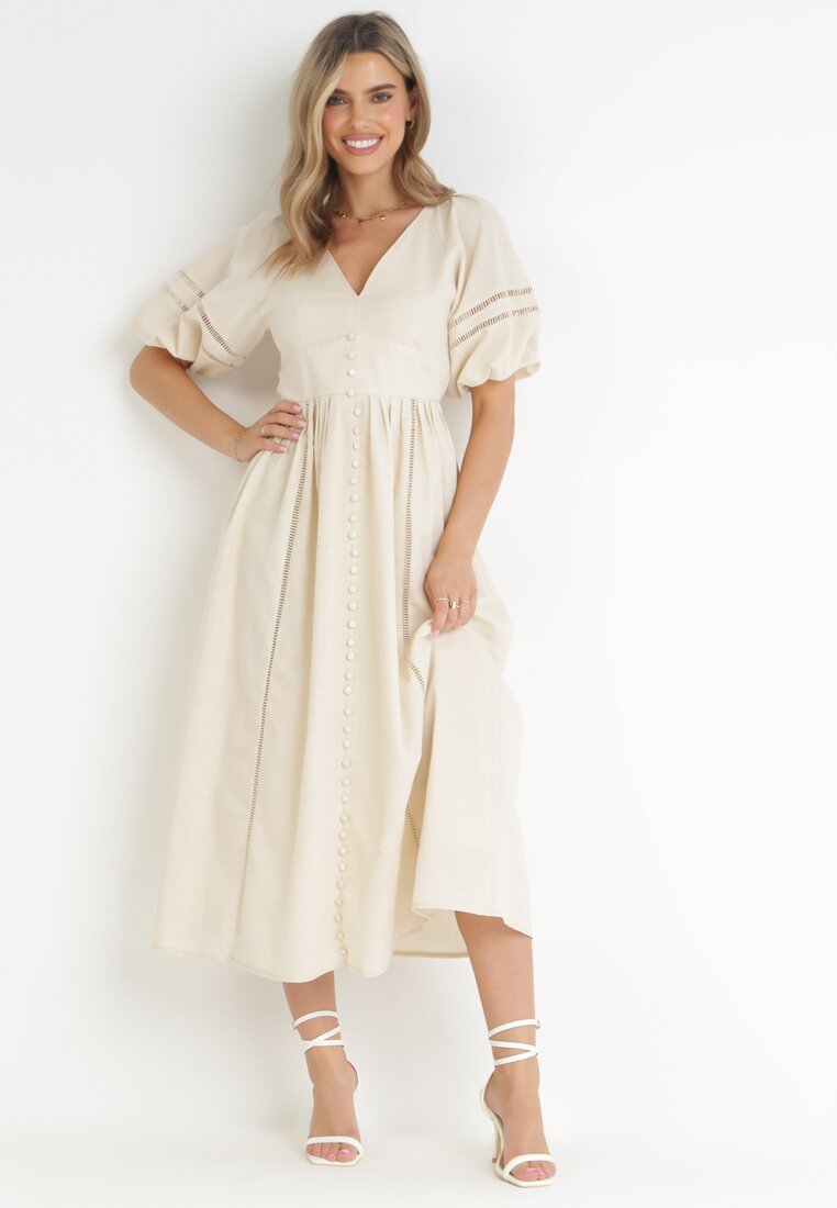 Beżowa Sukienka Maxi z Bawełny i Lnu z Ażurowymi Wstawkami i Gumką w Pasie Arada