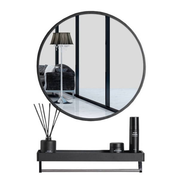 Okrągłe lustro z półką w stylu skandynawskim do łazienki/przedpokoju 70 cm Czarne