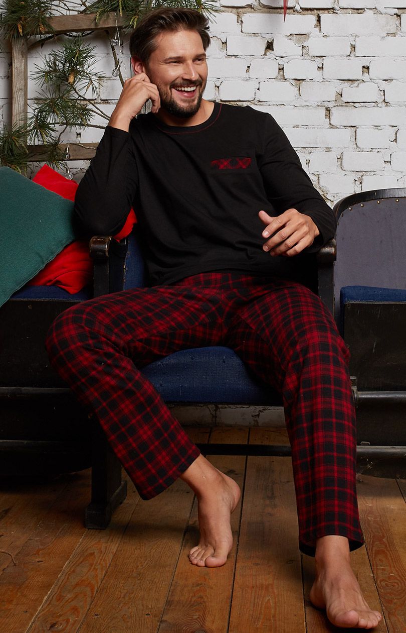 Piżama męska z długim rękawem i długimi nogawkami Zeman, Kolor czarno-czerwony, Rozmiar XL, Italian Fashion - Intymna