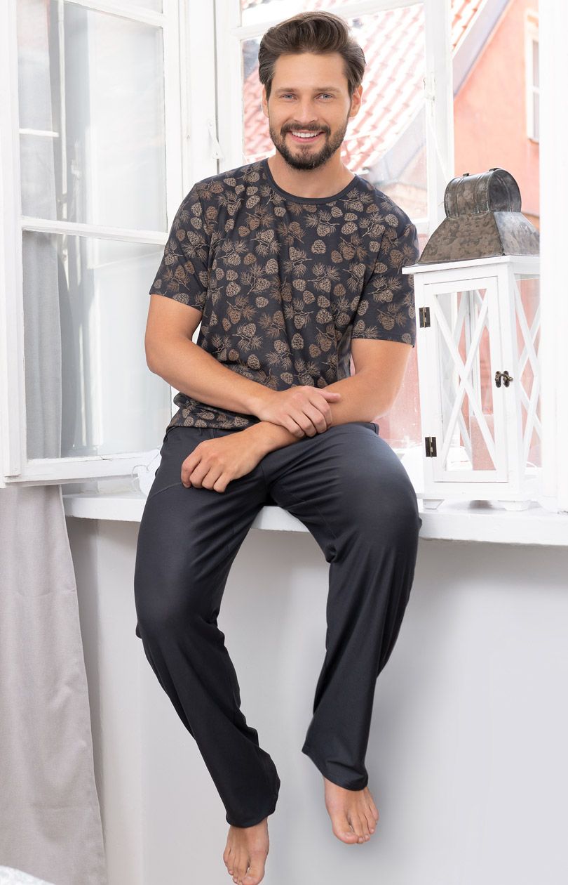 Pinus piżama męs. kr. dł., Kolor grafitowy-wzór, Rozmiar S, Italian Fashion - Intymna