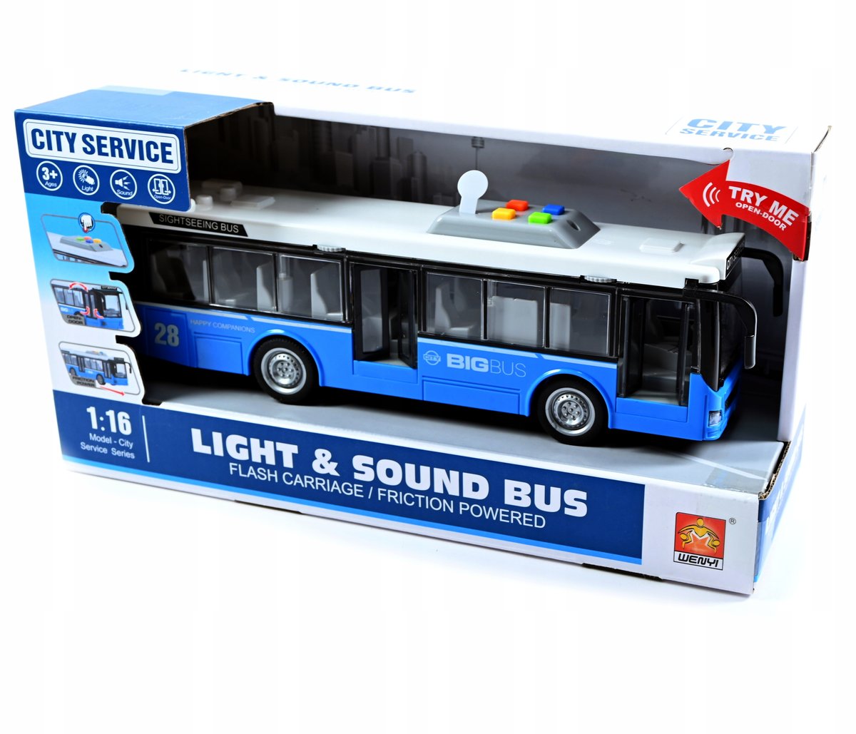 NIEBIESKI AUTOBUS ŚWIATŁO DŹWIĘK OTWIERANE DRZWI