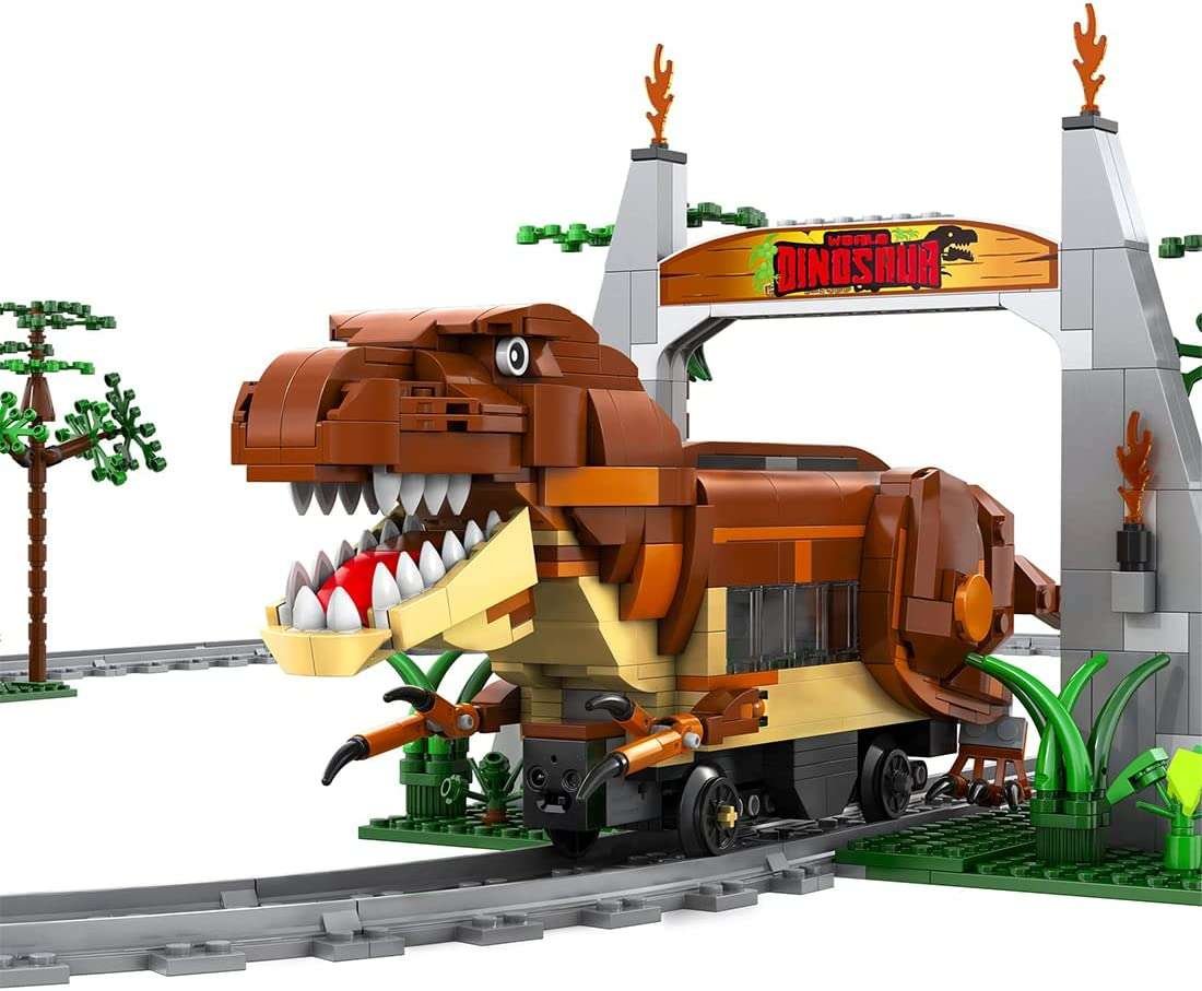 Zestaw torów i lokomotywa dinozaur T-Rex z klocków 1039 elementów