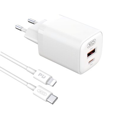 XO Ładowarka sieciowa L96 PD 30W QC 3.0 18W 1x USB 1x USB-C biała + kabel USB-C - Lightning