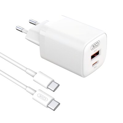 XO Ładowarka sieciowa L96 PD 30W QC 3.0 18W 1x USB 1x USB-C biała + kabel USB-C - USB-C