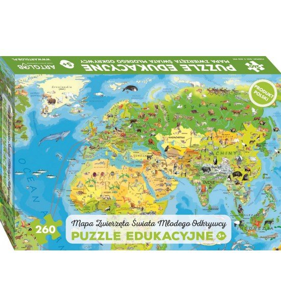 Artglob Puzzle 260 -Mapa Zwierzęta Świata Młodego Odkrywcy