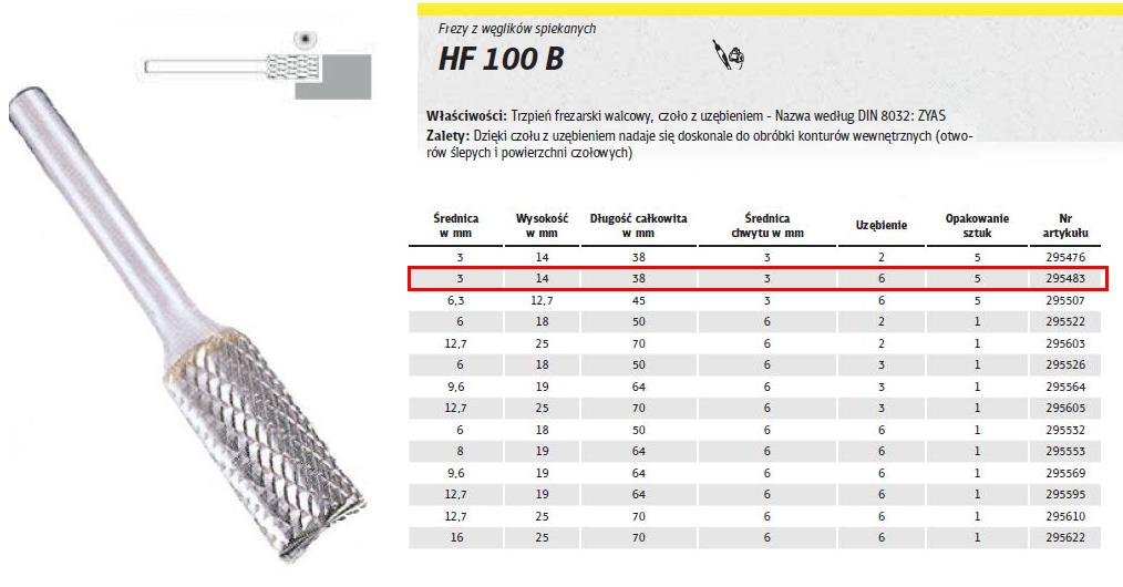 Klingspor KLINGSPOR FREZ DO METALU HF 100 B FI=3,0x14mm TRZPIEŃ 3mm TYP ZYAS, WALCOWY K295483